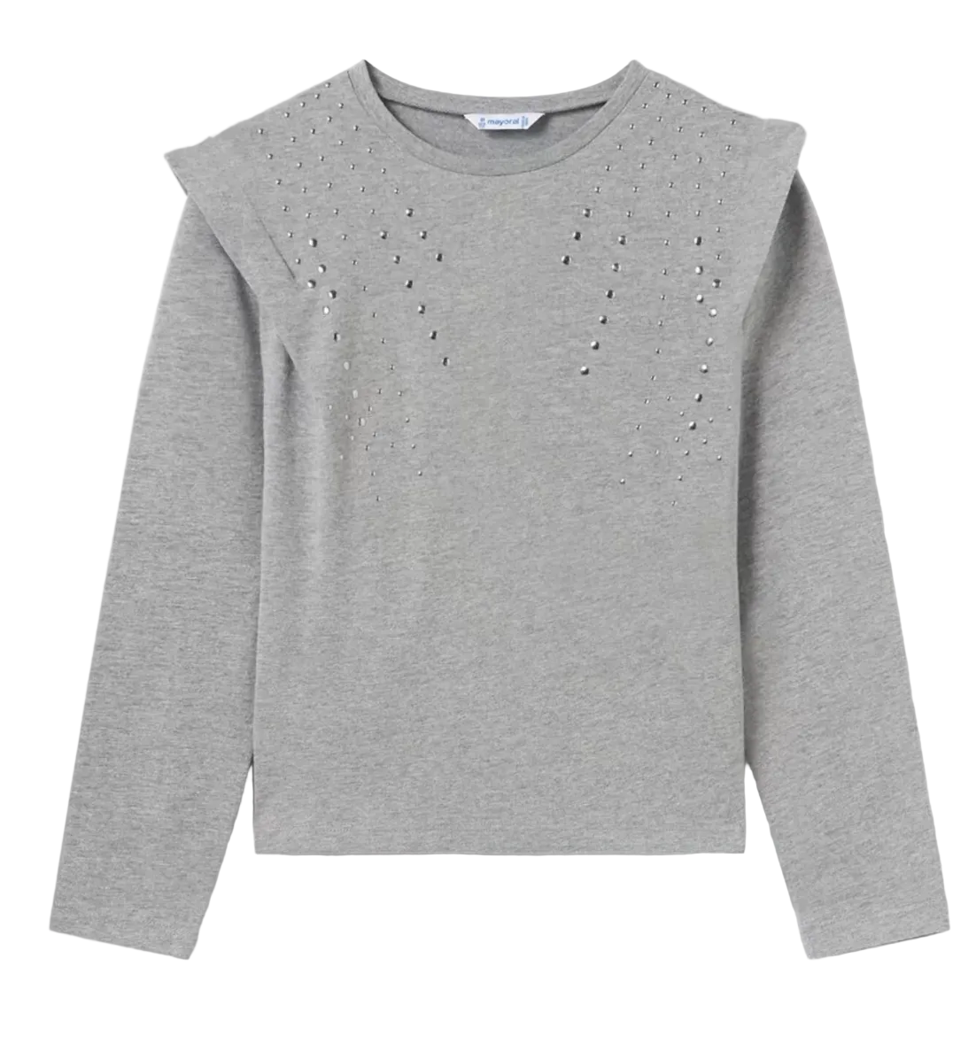 tween girls long sleeved gray top with silver studs at shoulder