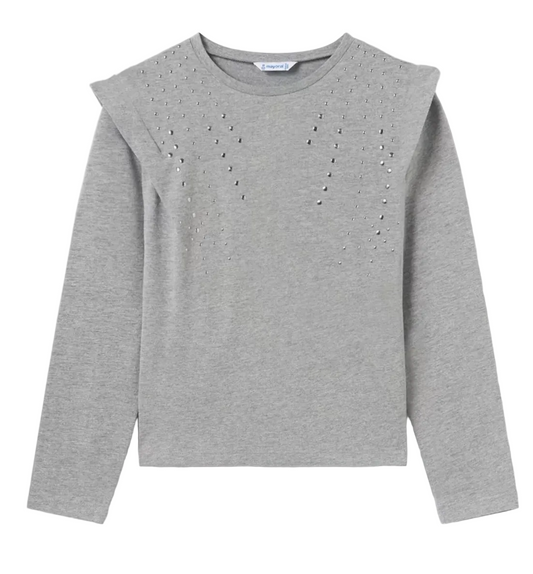tween girls long sleeved gray top with silver studs at shoulder