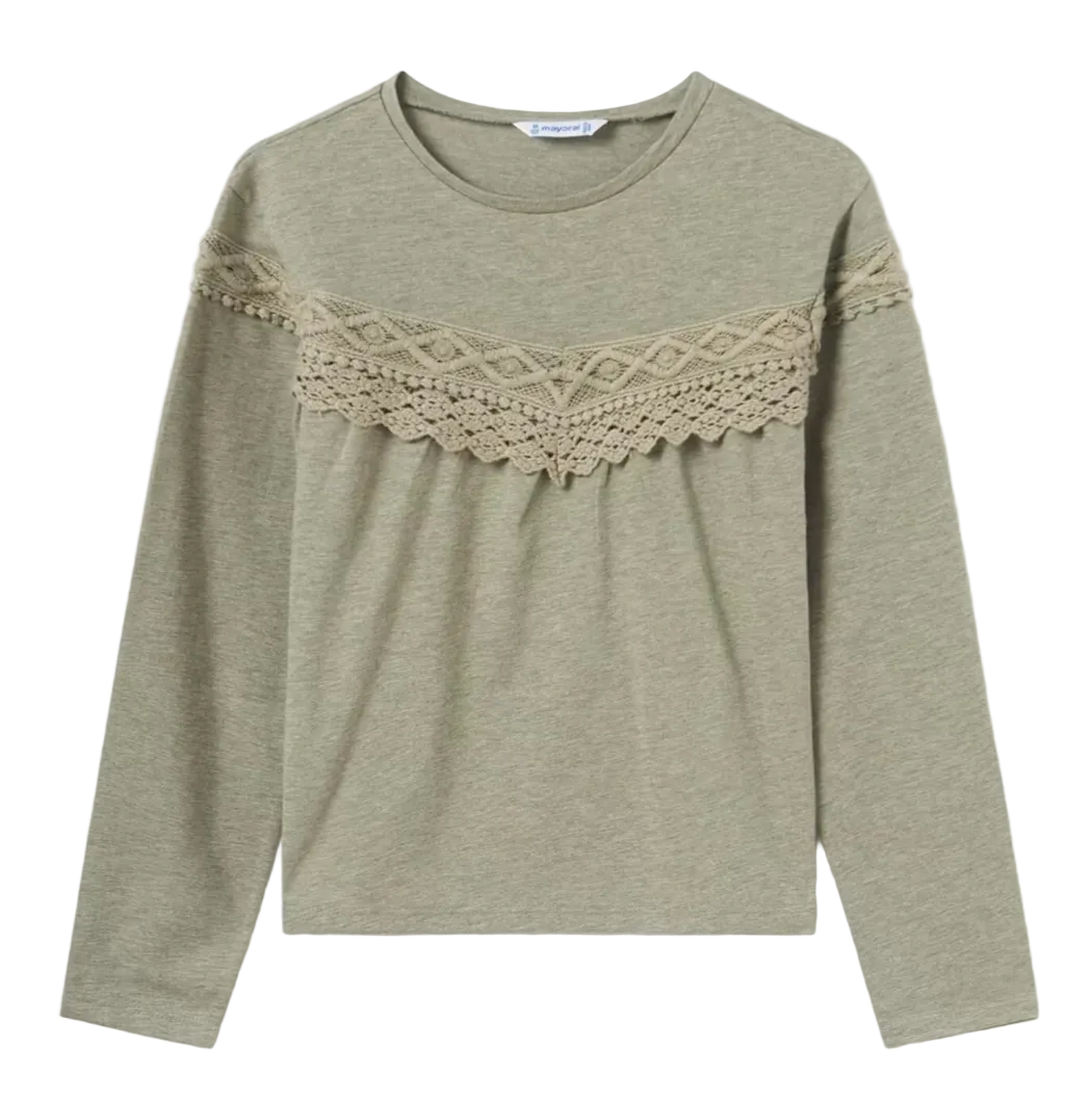 girls sage green long-sleeved top with crochet across chest