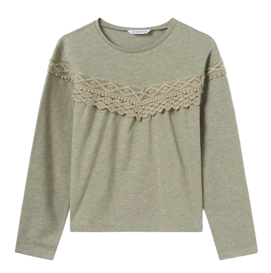 girls sage green long-sleeved top with crochet across chest