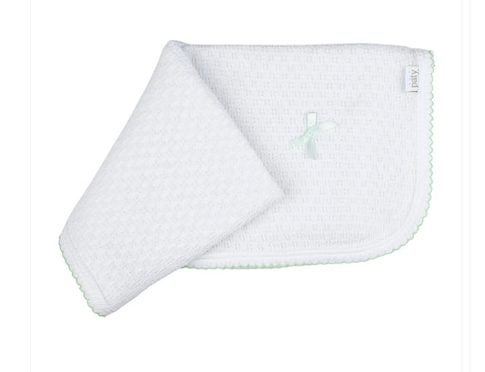 green white knitted baby receiving blanket