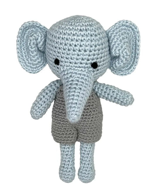 baby blue boys crochet elephant rattle with grey overalls