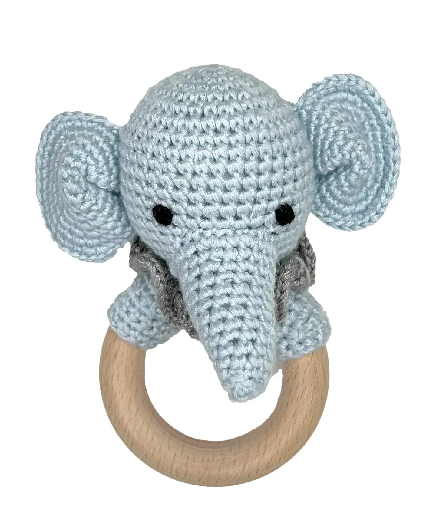 petit ami blue elephant bamboo crochet wood ring rattle