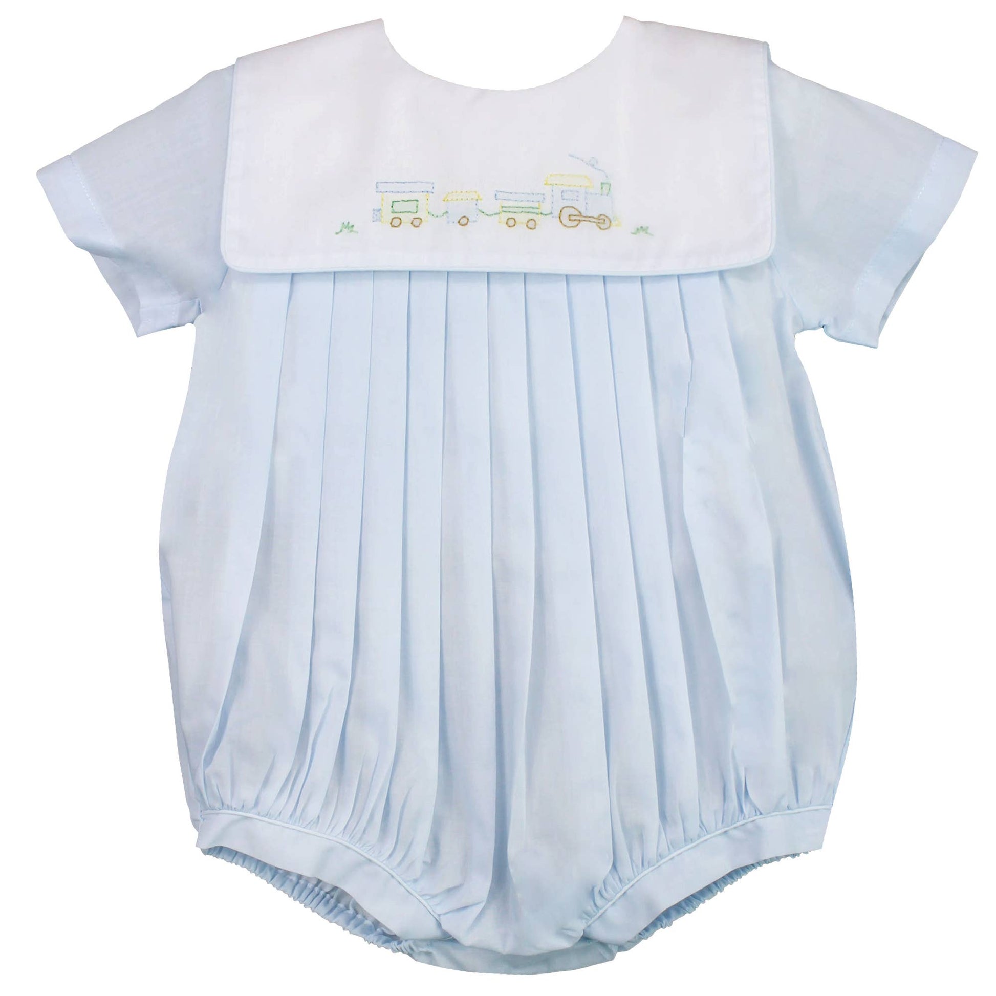 baby boy formal  blue bubble with embroidered trains and pleats