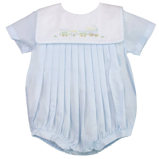 baby boy formal  blue bubble with embroidered trains and pleats