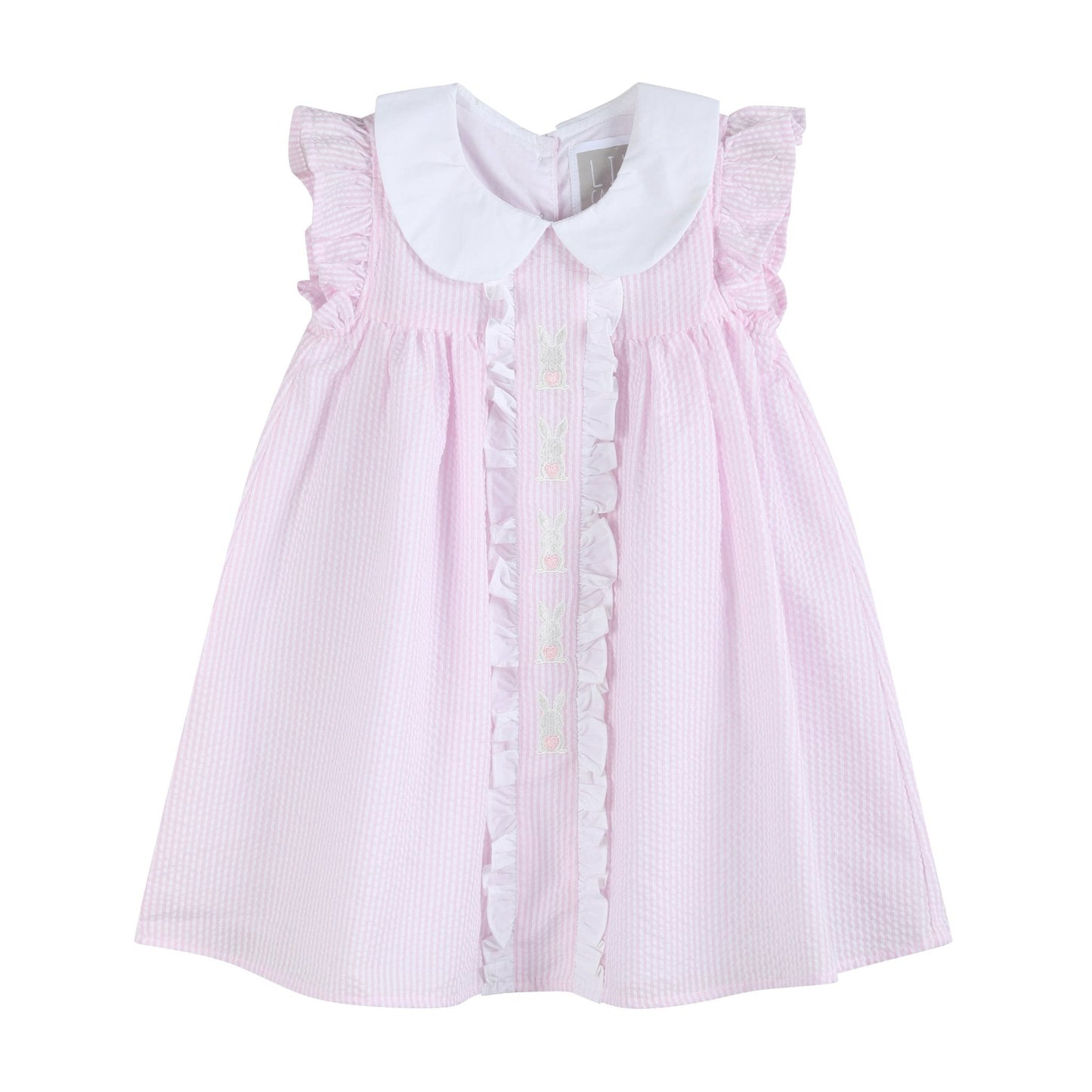 girls pink and white seersucker dress with Peter Pan collar and bunnies embroidered down the front with ruffles