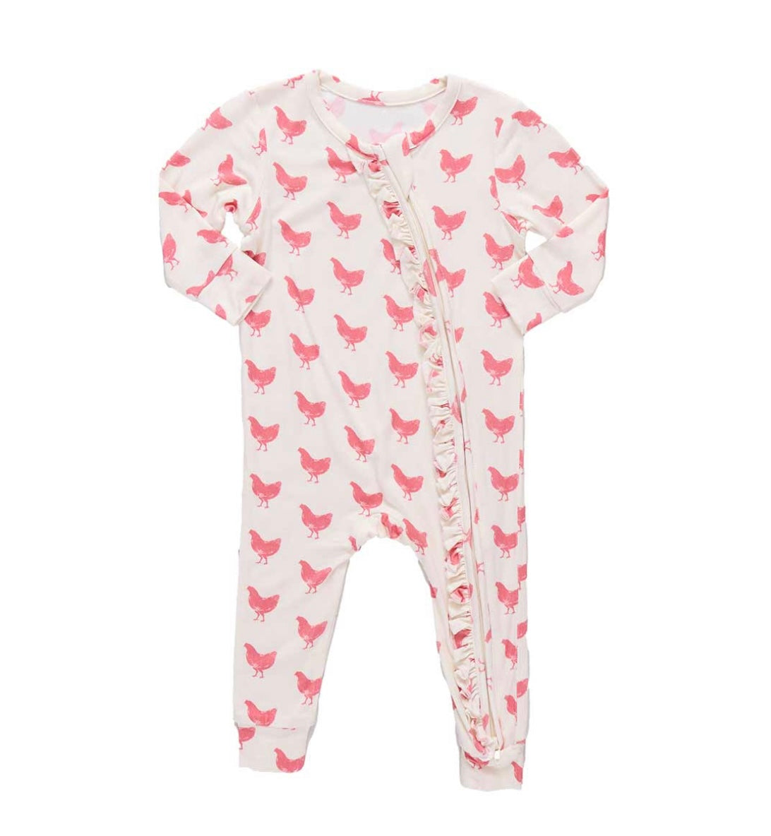 off white baby girls romper pajama with pink chickens and a ruffle zipper