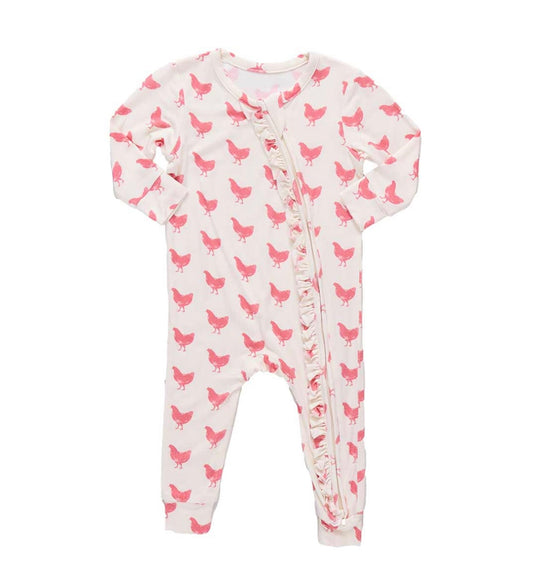 off white baby girls romper pajama with pink chickens and a ruffle zipper
