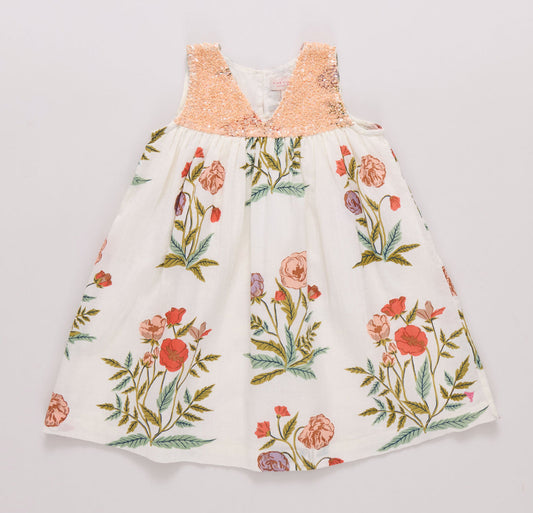 toddler girls boho white dress with peach sequins at the top and floral pattern