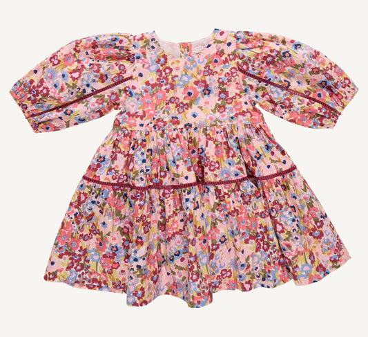 girls lined floral pink and burgundy dress with 3/4 sleeves