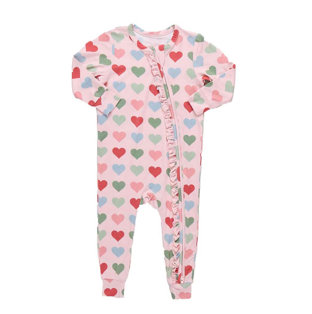 pink baby girl pajama onesie with hearts and ruffle