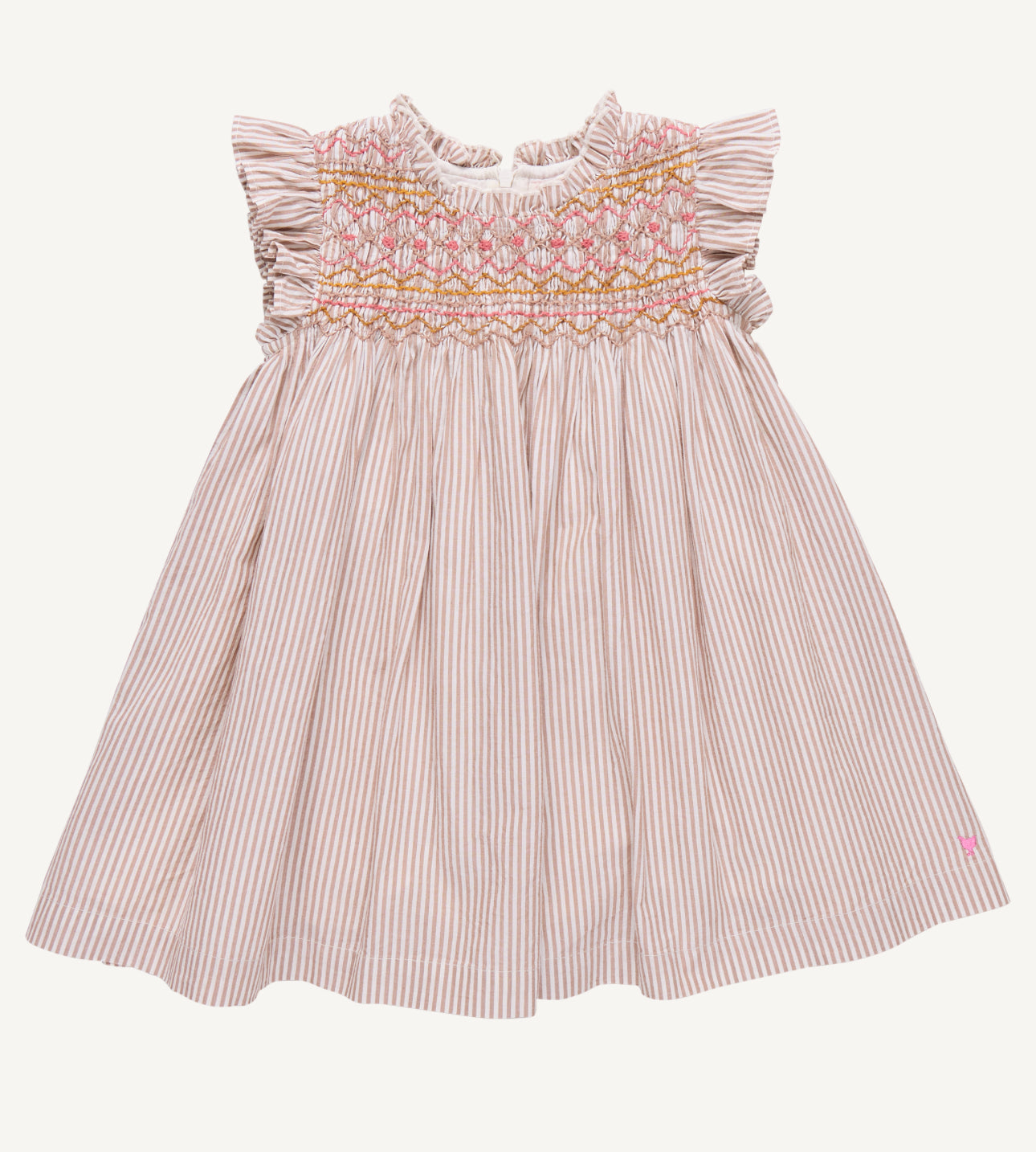 girls beige and white striped smocked top dress with ruffle sleeves