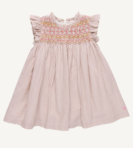 girls beige and white striped smocked top dress with ruffle sleeves