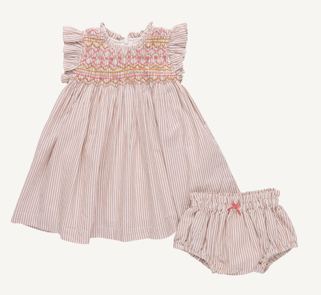 toddler girls tan and white striped bloomer and dress set with pink smocked top and ruffle sleeves