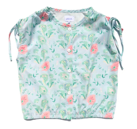girls pastel floral button up top with cinched waist and adjustable straps
