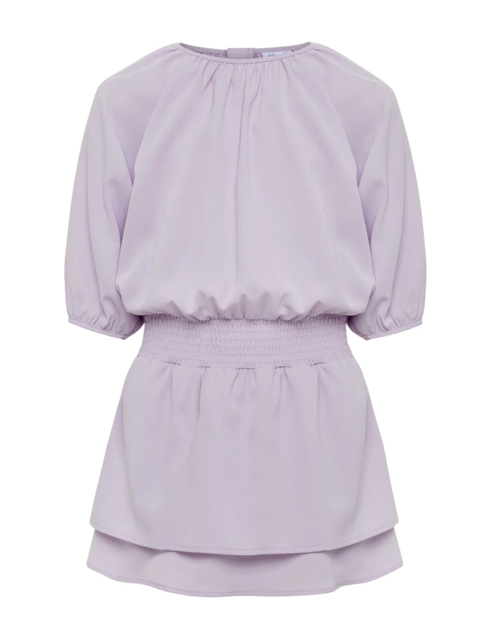lavender lilac girls dress with smocked waist and ruffle hem 3/4 length sleeves and pleated