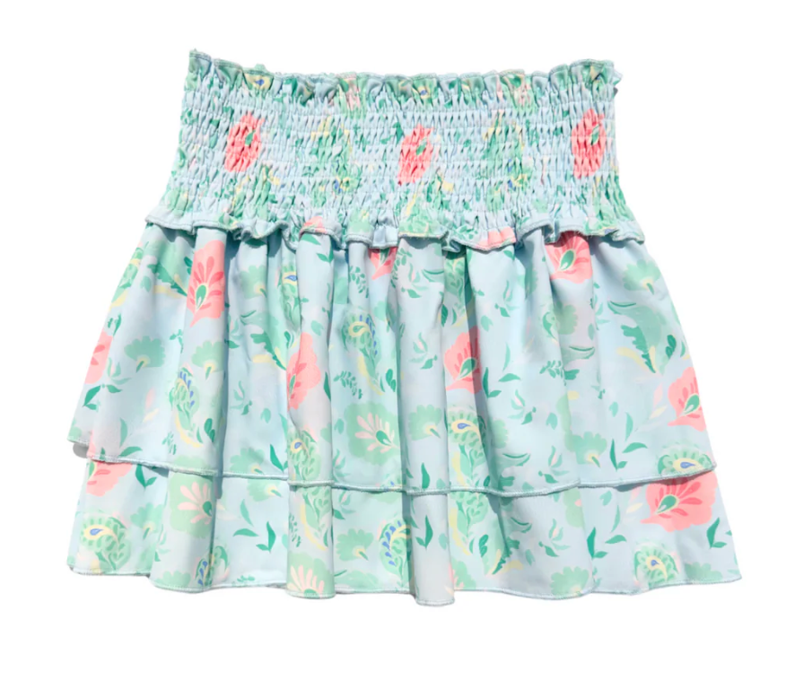 girls pastel paisley print skirt with elastic waistband and ruffled layers
