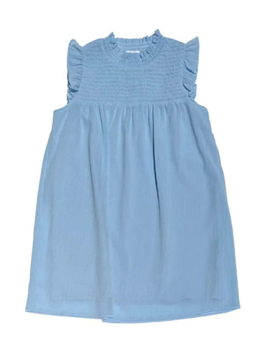 tween girls sleeveless powder blue shift dress with chest smocking and ruffles at sleeve