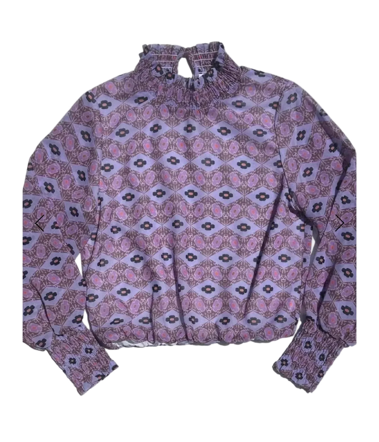 girls lavender purple nay geometric floral print blouse with ruffle neck and cuffs