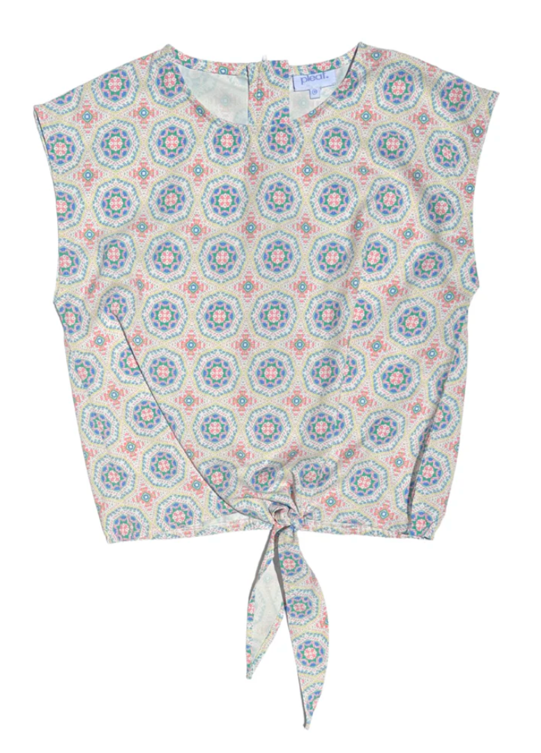 tween girls medallion patterned top with zipper and tie front