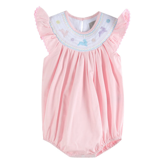 pink baby girl romper bubble with bunnies smocked at neck line and flutter sleeves