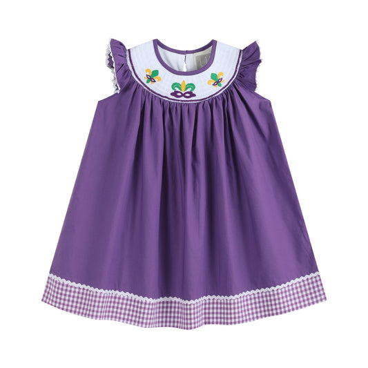girls purple and gingham mardi gras smocked dress
