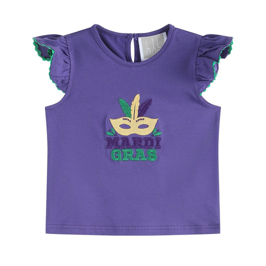 girls purple mardi gras applique ruffle sleeve top
