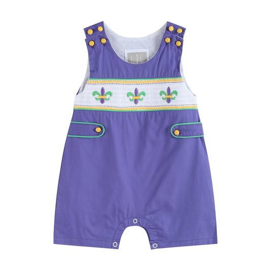 little boys purple Jon Jon shortall with flour de lis smocked yellow buttons