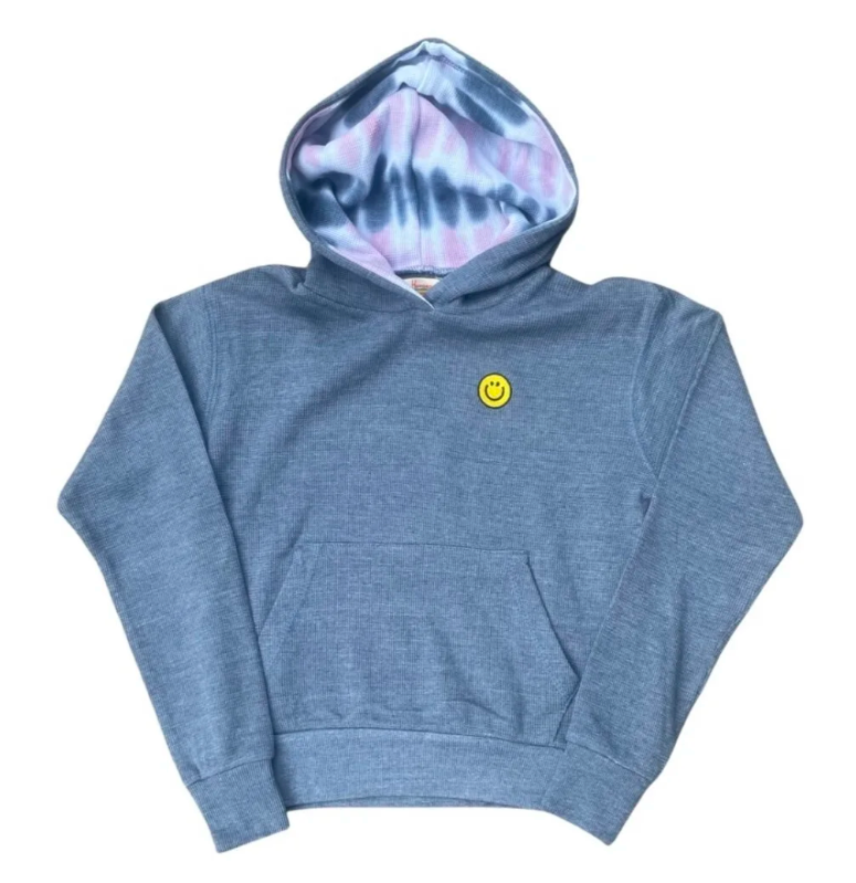 tween girls blue waffle smiley face patch hoodie
