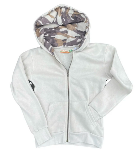 tween girls off white zip up hoodie with canoflauge lining in hood