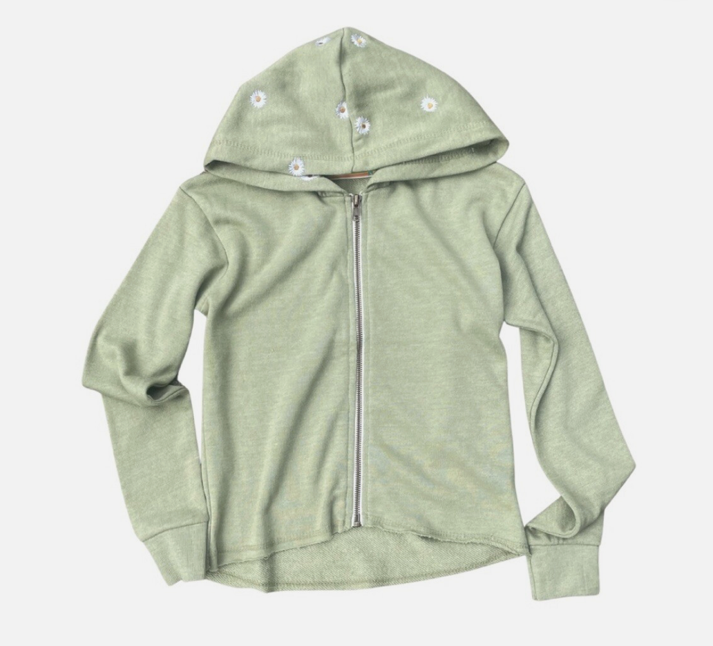 tween girls sage green zip up raw hem hoodie with white daisies on hood