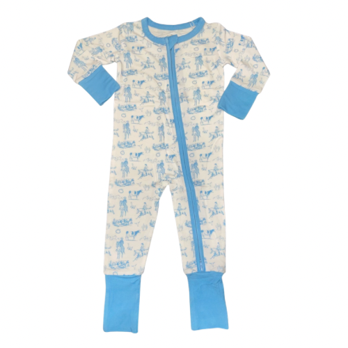 baby boys blue white western cowboy print convertible bamboo pajama