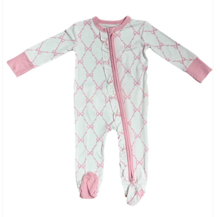 baby girl bamboo footie pajamas with pink bow trellis design and ruffle zipper 