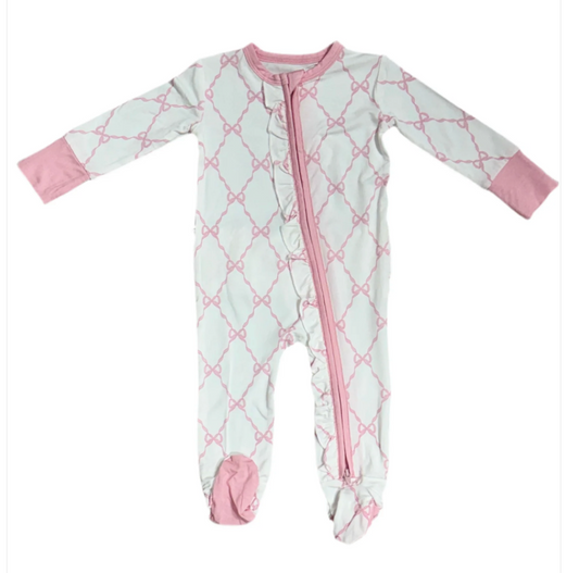 baby girl bamboo footie pajamas with pink bow trellis design and ruffle zipper 