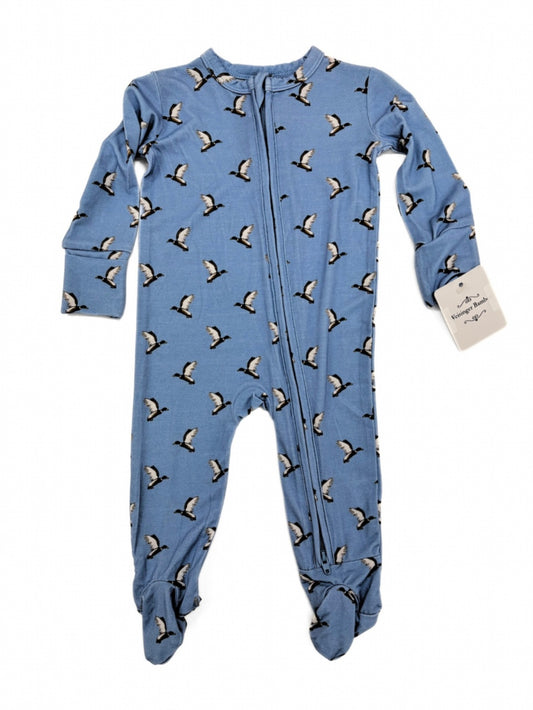 baby blue footed pajama with flying mallard duck pattern
