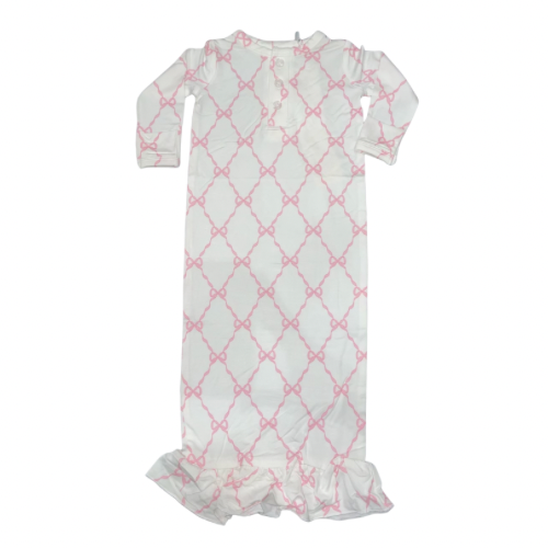 baby girls pink and white bow trellis gown with ruffle at bottom hem