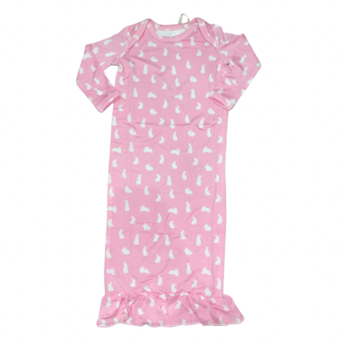 baby girl pink sleep sack with white bunnies and ruffle hem