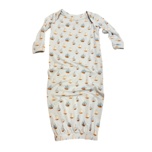blue baby boy gown sleep sack with watercolor sailboats