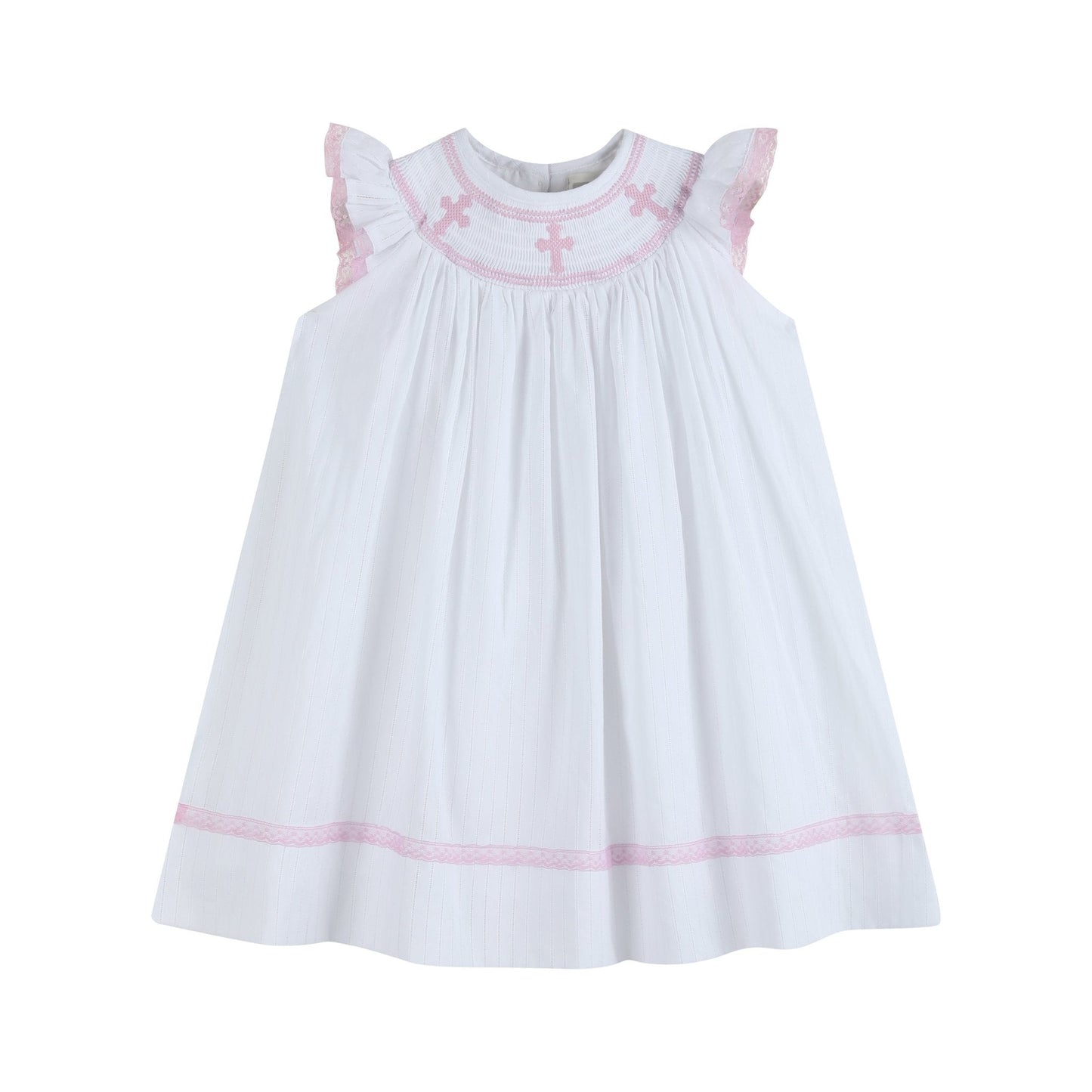 girls white bishop dress with pink crosses smocked at the neckline and light pink details